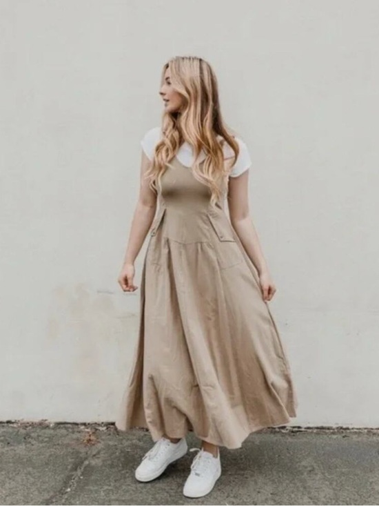 Free People Dresses & Skirts - FREE PEOPLE Soledad Midi 
Dress Khaki Tan Beige Sz Medium TRUE TO SIZE